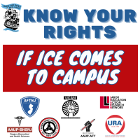 Graphic reading: KNOW YOUR RIGHTS IF ICE COMES TO CAMPUS with logos for AFTNJ, RUAAUP, AAUP-BHSNJ, PTLFC, URA & LEARN